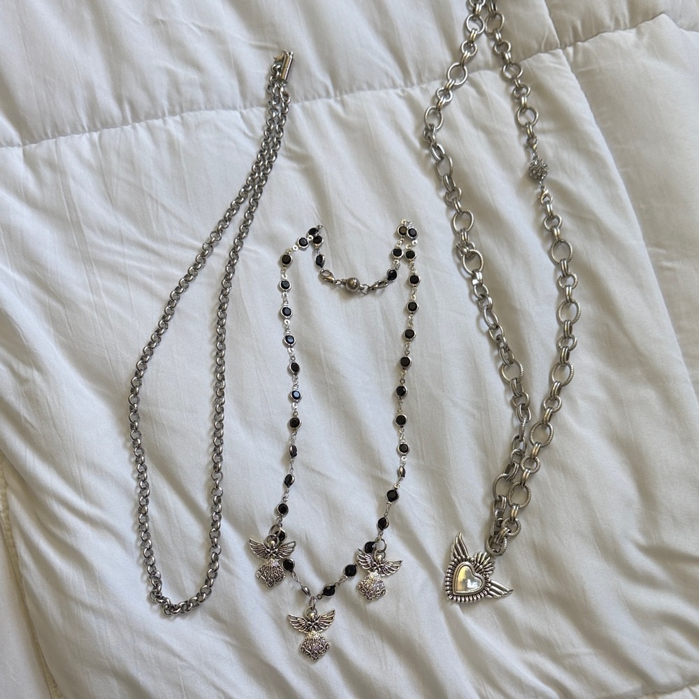 Layered Silver Angel & Heart Necklace with Black Bead Accents - Picture 2 of 9